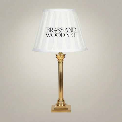 Classical Brass Corinthian Column Table Lamp with White Pleated Fabric Shade Luxury Handcrafted Brass and Wood Gold Front | Brass & Wood