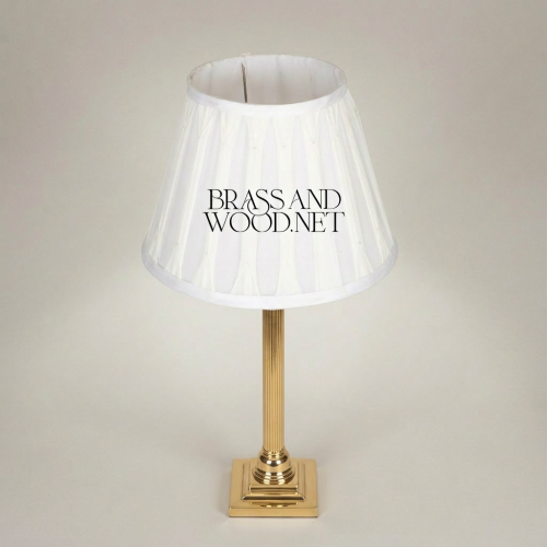 Classical Brass Corinthian Column Table Lamp with White Pleated Fabric Shade Luxury Handcrafted Brass and Wood Gold Front | Brass & Wood