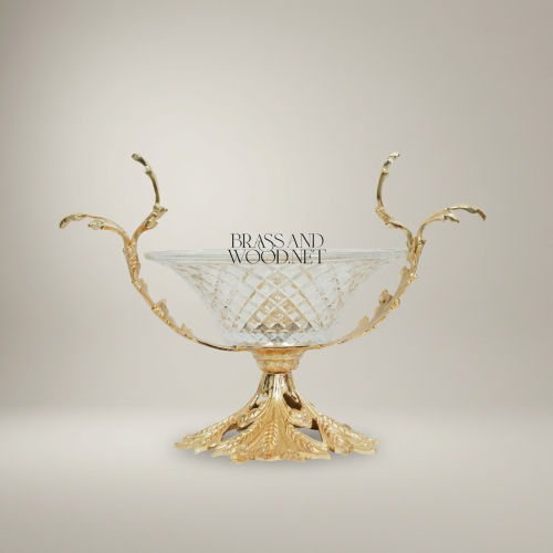 Classical Brass Crystal Candy Dish Acanthus Leaf Pedestal Branch Handles Luxury Centerpiece Gold Front | Brass & Wood