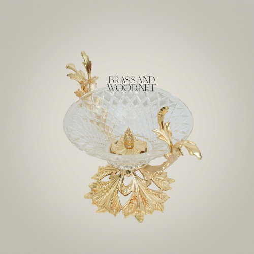 Classical Brass Crystal Candy Dish Acanthus Leaf Pedestal Branch Handles Luxury Centerpiece Gold Front | Brass & Wood