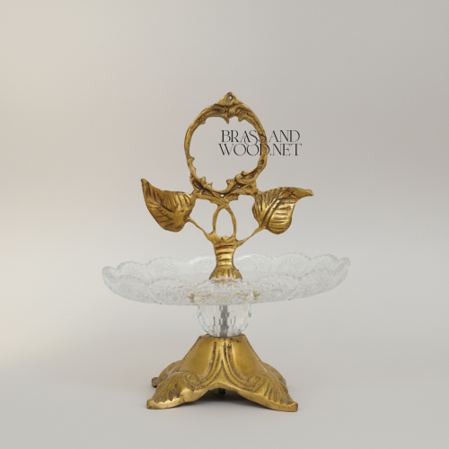 Classical Brass Crystal Candy Dish Botanical Leaf Handle Ornate Foliage Base Brass and Wood Antique Front | Brass & Wood