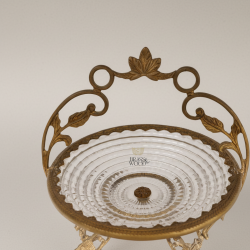 Classical Brass Crystal Candy Dish Ornate Foliage Arched Stand Antique Front | Brass & Wood
