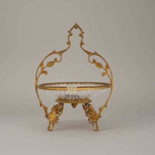 Classical Brass Crystal Candy Dish Ornate Foliage Arched Stand Antique Front | Brass & Wood