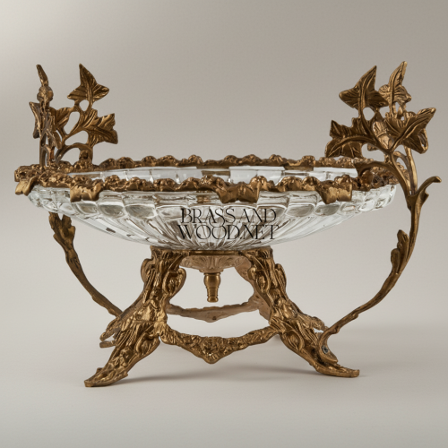 Classical Brass Crystal Centerpiece Bonbonniere Bowl Ornate Botanical Branch Stand Brass and Wood Antique Front | Brass & Wood