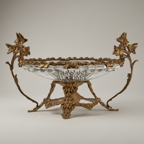 Classical Brass Crystal Centerpiece Bonbonniere Bowl Ornate Botanical Branch Stand Brass and Wood Antique Front | Brass & Wood
