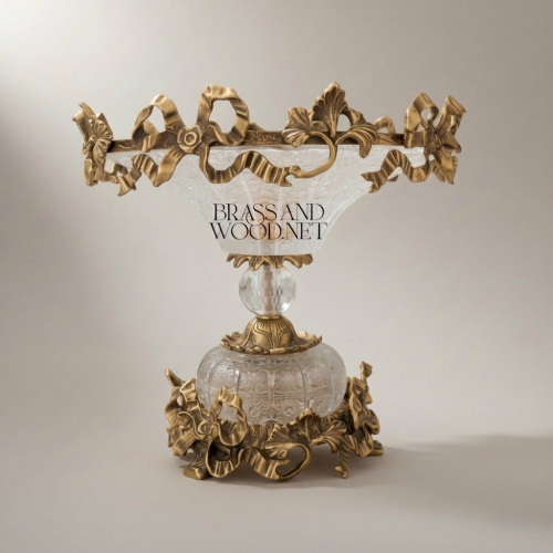 Classical Ornate Brass Crystal Compote Dish Floral Crown Rim Pedestal Base Brass and Wood Antique Front | Brass & Wood