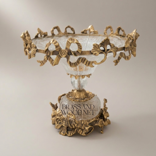 Classical Ornate Brass Crystal Compote Dish Floral Crown Rim Pedestal Base Brass and Wood Antique Front | Brass & Wood