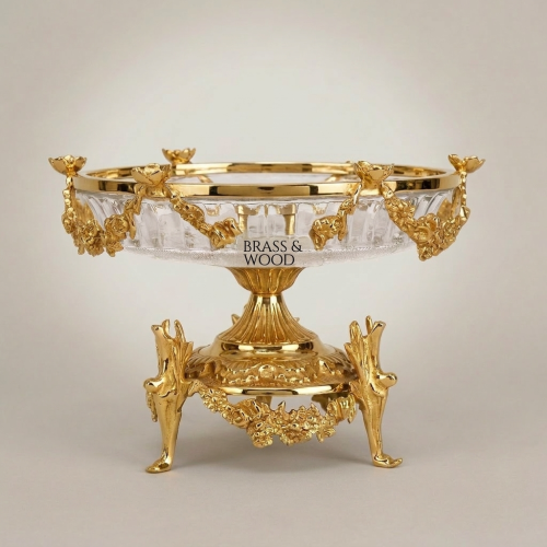 Classical Brass Crystal Pedestal Bonbonniere Floral Garland Sculptural Four-Footed Stand Brass and Wood Gold Front | Brass & Wood