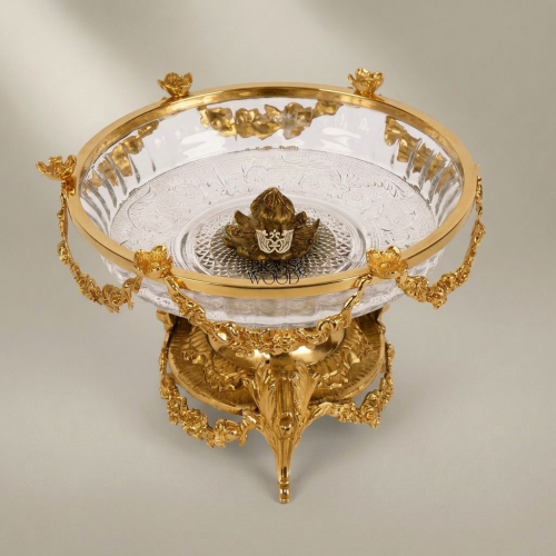 Classical Brass Crystal Pedestal Bonbonniere Floral Garland Sculptural Four-Footed Stand Brass and Wood Gold Front | Brass & Wood