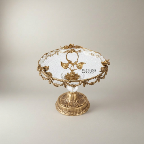 Classical Brass Crystal Pedestal Candy Dish Floral Garland Ring Handle Ornate Compote Brass and Wood Antique Front | Brass & Wood