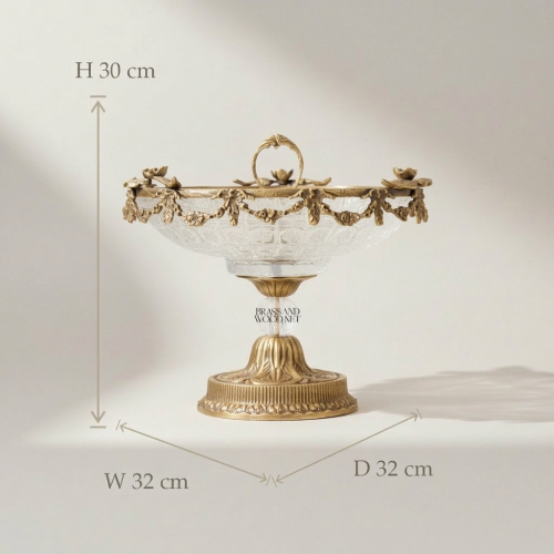 Classical Brass Crystal Pedestal Candy Dish Floral Garland Ring Handle Ornate Compote Brass and Wood Antique Front | Brass & Wood