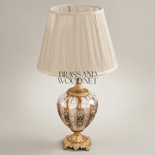 Classical Brass Crystal Table Lamp Hand-Painted Floral Urn Base Ivory Shade Brass and Wood Gold Front | Brass & Wood