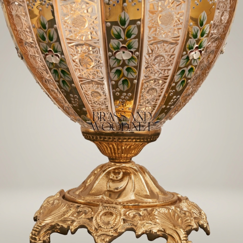 Classical Brass Crystal Table Lamp Hand-Painted Floral Urn Base Ivory Shade Brass and Wood Gold Front | Brass & Wood