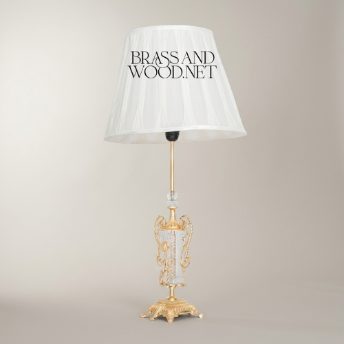 Classical Brass Crystal Urn Table Lamp Ornate Scrollwork Base White Fabric Shade Brass and Wood Gold Front | Brass & Wood