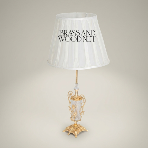 Classical Brass Crystal Urn Table Lamp Ornate Scrollwork Base White Fabric Shade Brass and Wood Gold Front | Brass & Wood