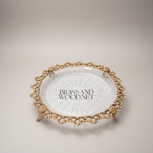 Classical Ornate Brass Lace-Edge Footed Glass Candy Tray Baroque Style Brass and Wood Antique Front | Brass & Wood