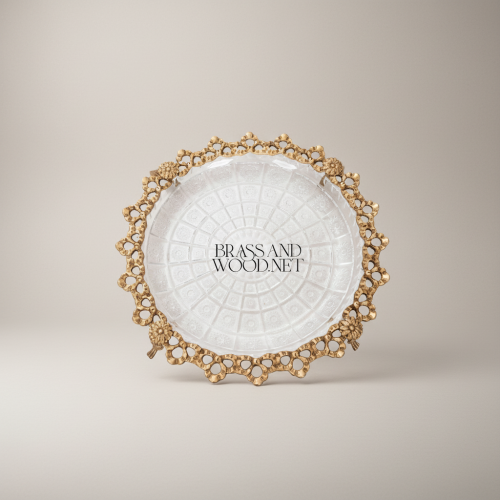 Classical Ornate Brass Lace-Edge Footed Glass Candy Tray Baroque Style Brass and Wood Antique Front | Brass & Wood