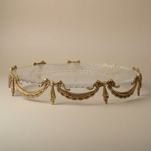 Classical Brass Glass Oval Centerpiece Tray with Draped Swag Ornaments Brass and Wood Antique Front | Brass & Wood