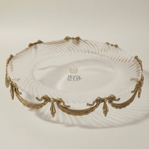 Classical Brass Glass Oval Centerpiece Tray with Draped Swag Ornaments Brass and Wood Antique Front | Brass & Wood