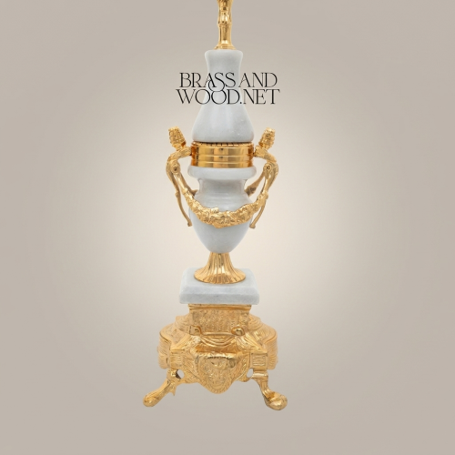 Classical Brass and White Marble Urn Table Lamp Ornate Louis XVI Footed Base Brass and Wood Gold Front | Brass & Wood