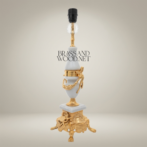 Classical Brass and White Marble Urn Table Lamp Ornate Louis XVI Footed Base Brass and Wood Gold Front | Brass & Wood