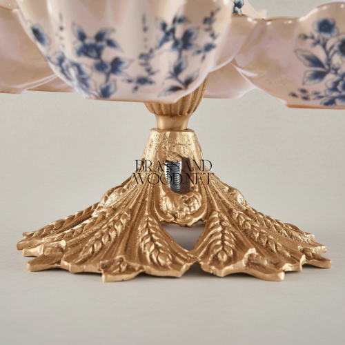 Classical Brass Porcelain Bonbonniere Bird Tree Stand Blue Floral Bowls Brass and Wood Antique Front | Brass & Wood