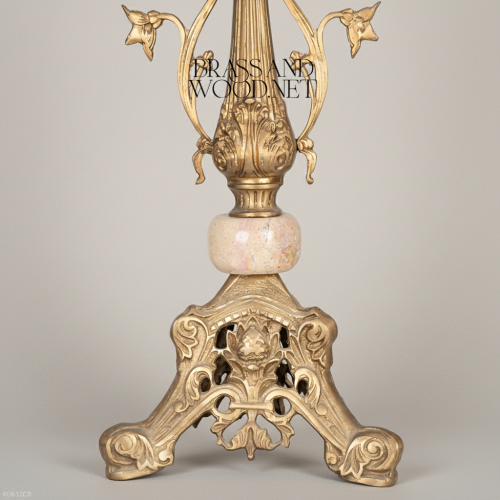 Classical Ornate Brass Table Lamp Floral Sculpted Base Marble Accent White Pleated Shade Brass and Wood antique Front | Brass & Wood