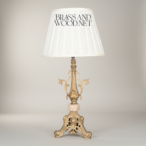 Classical Ornate Brass Table Lamp Floral Sculpted Base Marble Accent White Pleated Shade Brass and Wood antique Front | Brass & Wood