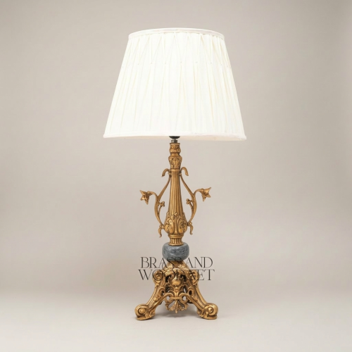 Classical Brass Table Lamp Ornate Floral Column Marble Accent Pleated Fabric Shade Brass and Wood antique Front | Brass & Wood