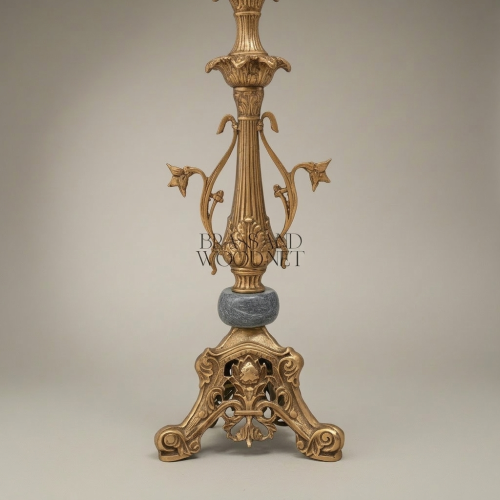 Classical Brass Table Lamp Ornate Floral Column Marble Accent Pleated Fabric Shade Brass and Wood antique Front | Brass & Wood