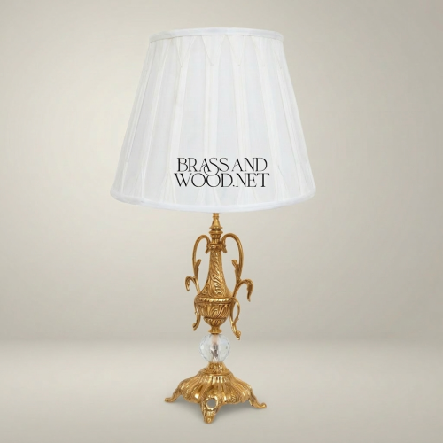 Classical Ornate Brass Urn Table Lamp with Crystal Sphere Swan Handles White Pleated Shade Gold Front | Brass & Wood