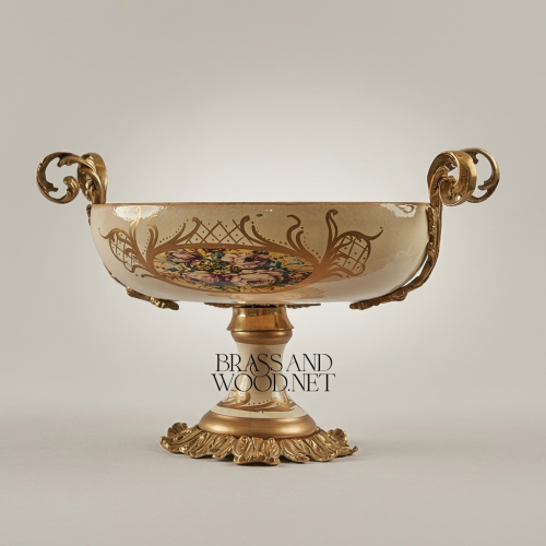 Classical Ceramic Compote Pedestal Bowl Ornate Brass Handles Floral Medallion Luxury Decor Gold Front | Brass & Wood