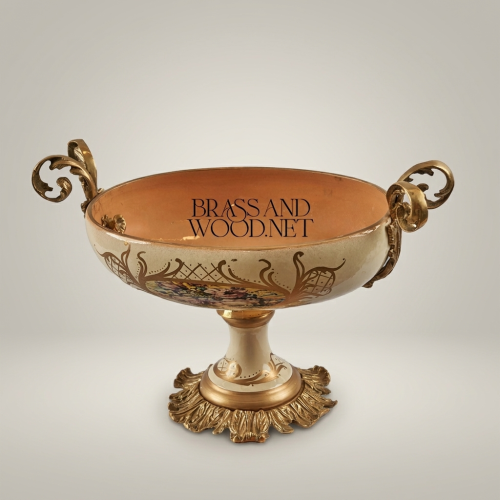 Classical Ceramic Compote Pedestal Bowl Ornate Brass Handles Floral Medallion Luxury Decor Gold Front | Brass & Wood