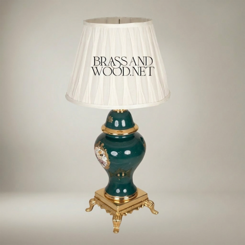 Classical Green Ceramic Ginger Jar Table Lamp Hand-Painted Medallion Brass Footed Base Off-White Pleated Shade Gold Front | Brass & Wood