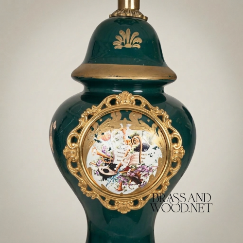 Classical Green Ceramic Ginger Jar Table Lamp Hand-Painted Medallion Brass Footed Base Off-White Pleated Shade Gold Front | Brass & Wood