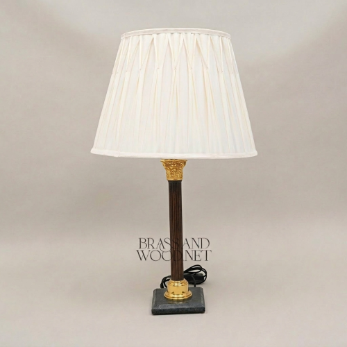 Classical Corinthian Column Brass Table Lamp with Green Marble Base and Pleated Off-White Shade Gold Front | Brass & Wood