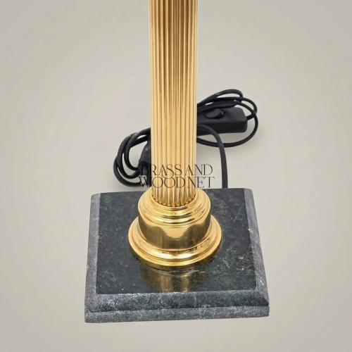 Classical Corinthian Column Brass Table Lamp with Green Marble Base and Pleated Off-White Shade Gold Front | Brass & Wood