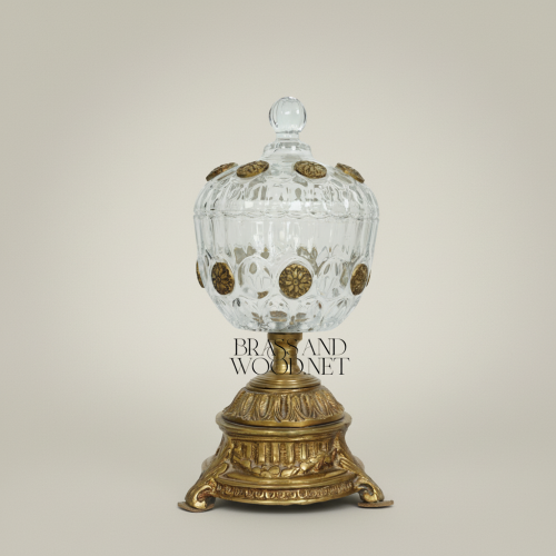 Classical Lidded Crystal Bonbonniere with Ornate Brass Rosette Medallions and Engraved Brass Pedestal Base Antique Front | Brass & Wood
