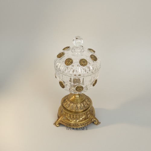 Classical Lidded Crystal Bonbonniere with Ornate Brass Rosette Medallions and Engraved Brass Pedestal Base Antique Front | Brass & Wood