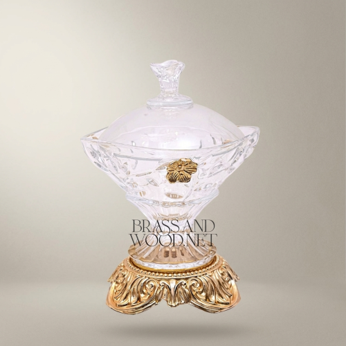 Classical Cut Crystal Bonbonniere Lidded Candy Dish Ornate Brass Acanthus Base Floral Medallion Brass and Wood Gold Front | Brass & Wood