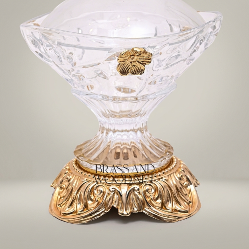 Classical Cut Crystal Bonbonniere Lidded Candy Dish Ornate Brass Acanthus Base Floral Medallion Brass and Wood Gold Front | Brass & Wood