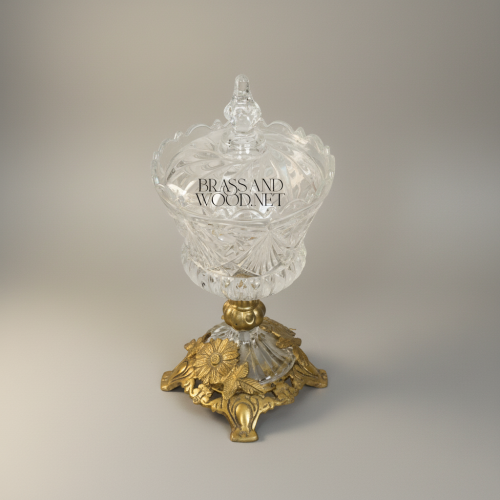 Classical Handcrafted Crystal Bonbonniere with Ornate Floral Brass Base and Lid - Brass & Wood Antique Front | Brass & Wood
