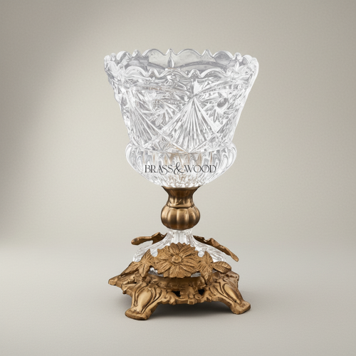 Classical Handcrafted Crystal Bonbonniere with Ornate Floral Brass Base and Lid - Brass & Wood Antique Front | Brass & Wood