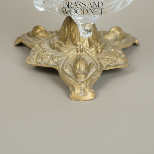 Classical Cut Crystal Bonbonniere with Lidded Bowl on Heavily Ornate Brass Pedestal Brass and Wood Antique Front | Brass & Wood
