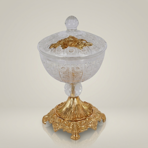 Classical Handcrafted Crystal Bonbonniere Ornate Brass Pedestal Base Floral Lid Baroque Luxury Gold Front | Brass & Wood