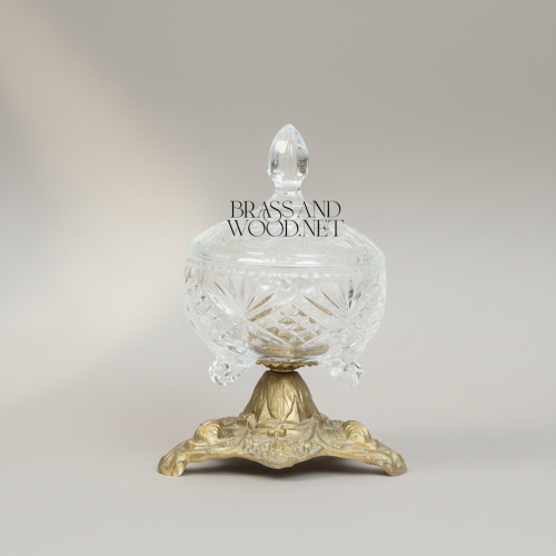 Classical Cut Crystal Bonbonniere with Lidded Bowl on Heavily Ornate Brass Pedestal Brass and Wood Antique Front | Brass & Wood