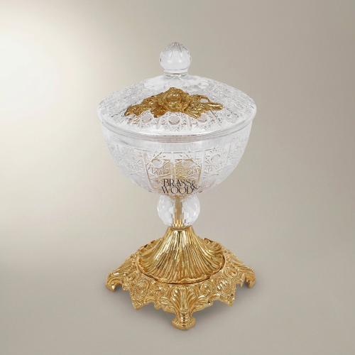 Classical Handcrafted Crystal Bonbonniere Ornate Brass Pedestal Base Floral Lid Baroque Luxury Gold Front | Brass & Wood