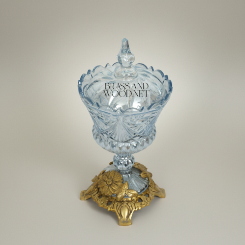 Classical Crystal Bonbonniere Lidded Urn with Ornate Floral Brass Base Antique Front | Brass & Wood