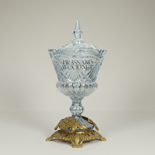 Classical Crystal Bonbonniere Lidded Urn with Ornate Floral Brass Base Antique Front | Brass & Wood