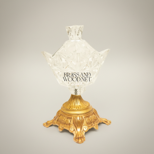 Classical Handcrafted Crystal Bonbonniere Lotus Petal Ornate Brass Base Antique Front | Brass & Wood